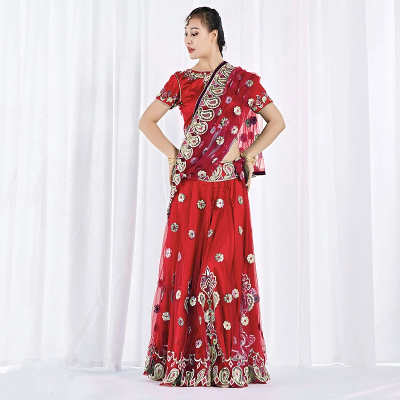 Red 3pcs Комплект из 3 предметов для танца живота, Восточный Костюм для танца живота, топ+ юбка+ шарф, Индийский Болливуд, танцевальный сценический комплект, сари, Национальный танцевальный костюм - Цвет: Red 3pcs