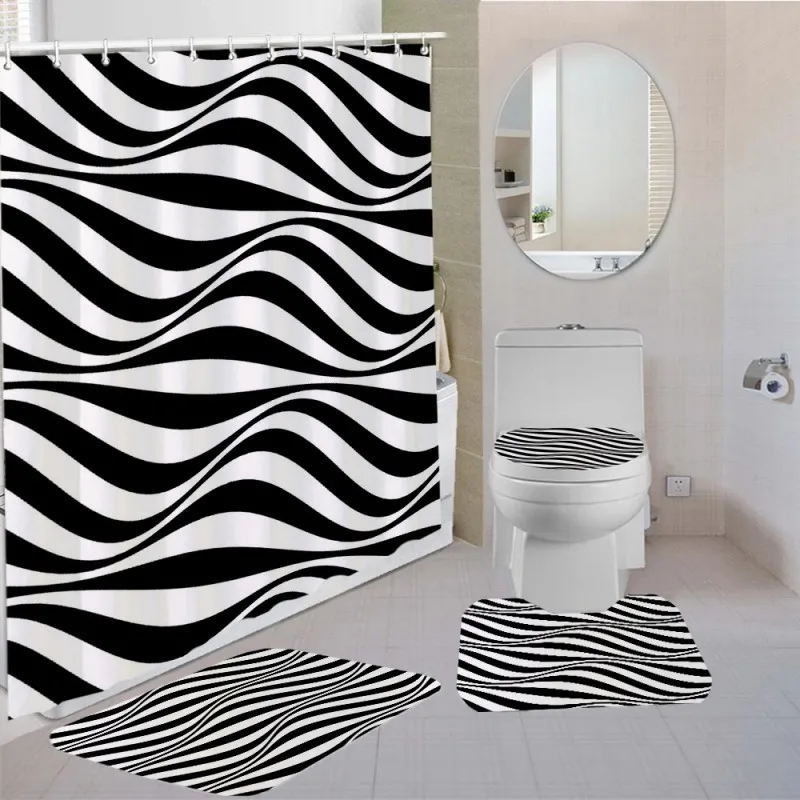New Modern 4Pc Bathroom Complete Bathmat Shower Curtain SET Hooks Rugs 