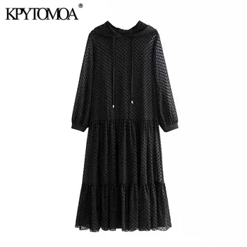 

KPYTOMOA Women 2020 Chic Fashion Dotted Mesh Ruffled Midi Dress Vintage Drawstring Hooded Long Sleeve See Through Female Dresses