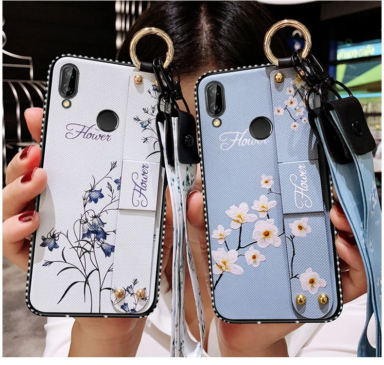 

For Huawei P Smart Z 2019 P Smart Plus Silicone Wrist Strap Cover Cases P Smart Stand Ring Lanyard Protect Soft TPU Phone Shell