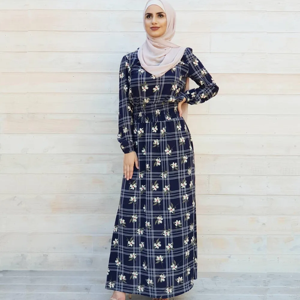 Модное мусульманское исламское платье с длинными рукавами Abayas Средний Восток печатное ультра-длинное платье с талией Duibai Турция для женщин - Цвет: Синий