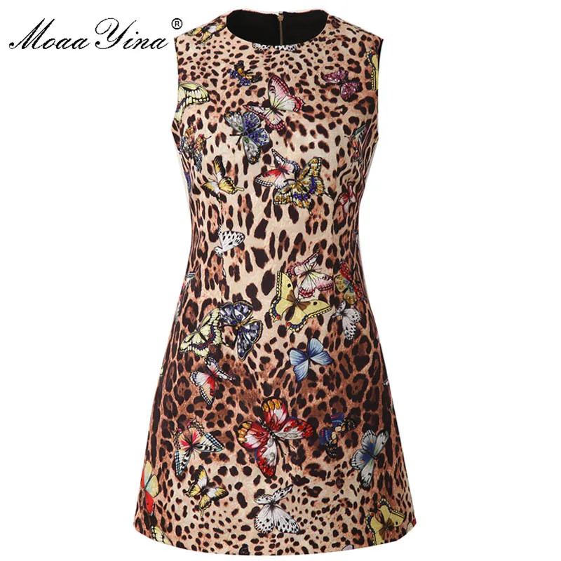 

MoaaYina Fashion Designer Runway dress Summer Women Dress Sleeveless Diamond Butterfly Leopard Print Dresses