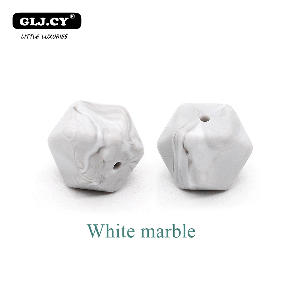 White marble 10pc 17 мм силиконовые бусины для кормления аксессуары 10 шт. красочные силиконовые шестигранные бусины Монтессори игрушки Детские принадлежности для кормления - Цвет: White marble 10pc