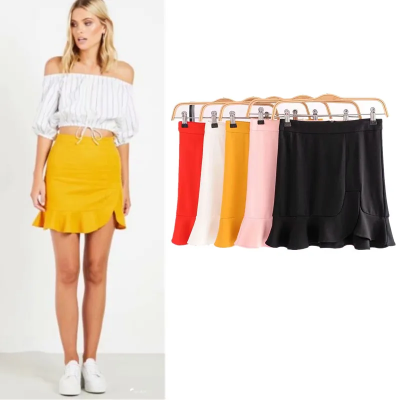 

Europe And America High-waisted Sheath Fishtail Flounced Skirt Solid Color Short Skirt Women's Summer 2018 Versatile A- line Ski
