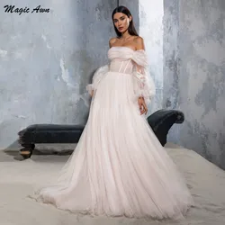 Magic Awn Pink Off The Shoulder Wedding Dresses Boho 2022 Lace Appliques Long Puffy Sleeves Illusion Beach Mariage Gowns Robes