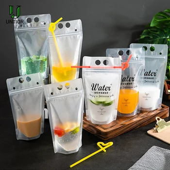 

UNTIOR 100Pcs Disposable Drink Pouches with Straw Reusable Juice Coffee Liquid Bag Kitchen Party Vertical Zipper Seal Drink Bag