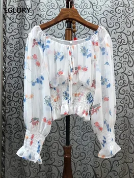 

Tops Fashion New Blouse Shirts 2020 Summer Women Batwing Sleeve Color Block Floral Print Long Sleeve Casual Loose White Crop Top