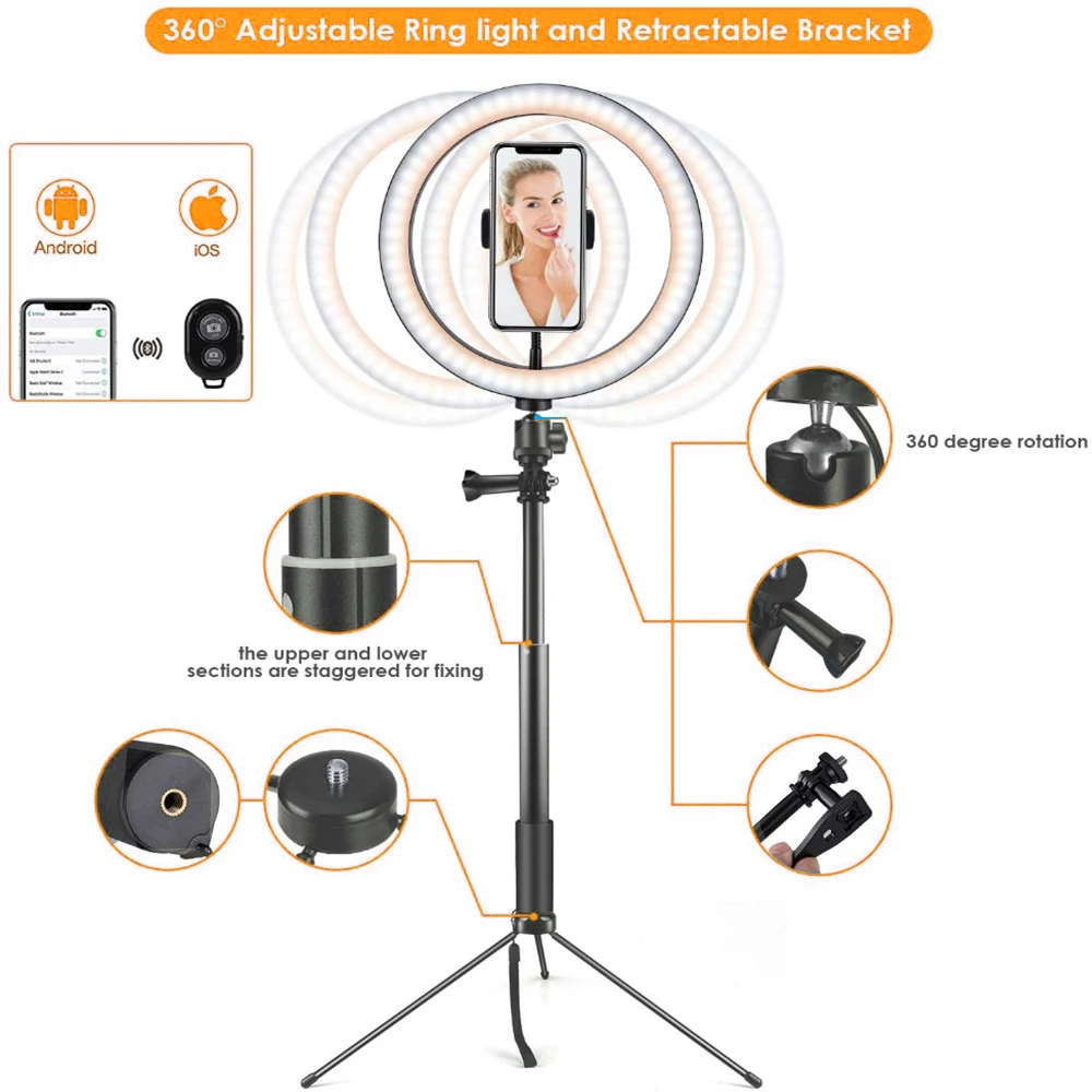 360 adjustable ring light and retractable bracket