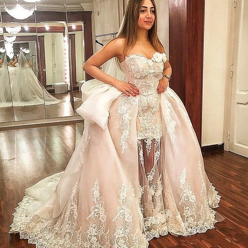 

Princess Mermaid Wedding Dresses With Detachable Skirt Lace Tulle Country Wedding Dress Sweep Train Plus Size Bride gown