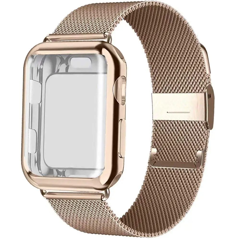 Миланский ремешок+ чехол для Apple Watch 38 мм 42 мм 40 мм 44 мм серия 5 4 браслет из нержавеющей стали для iwatch серии 4/3/2/1 - Цвет ремешка: rose-gold