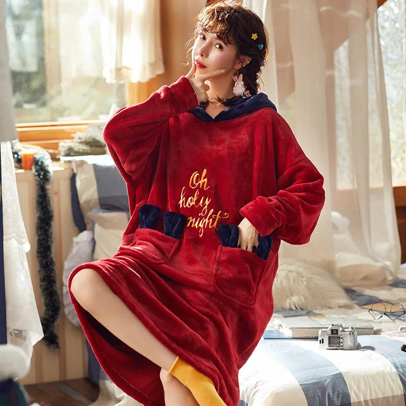 Фланелевый женский халат, теплая зимняя ночная рубашка с длинным рукавом, женская ночная рубашка, домашняя одежда для сна с рисунком животных, с капюшоном - Цвет: 8