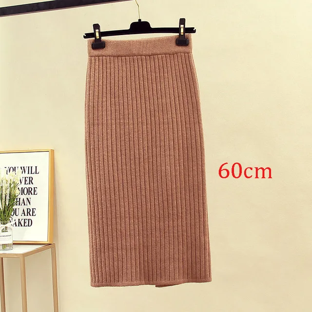 Khaki 60cm Женская облегающая элегантная юбка-карандаш миди с разрезом сзади на осень и зиму, повседневная трикотажная юбка с высокой талией, женские юбки s Jupe Femme Faldas - Цвет: Khaki 60cm