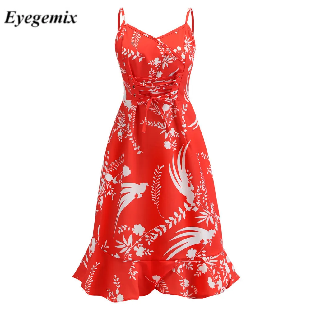 

2019 Women Floral Print Summer Dress Spaghetti Strap V-neck Sexy Party Beach Sundress Mermaid Vintage Robe Vestidos Plus Size