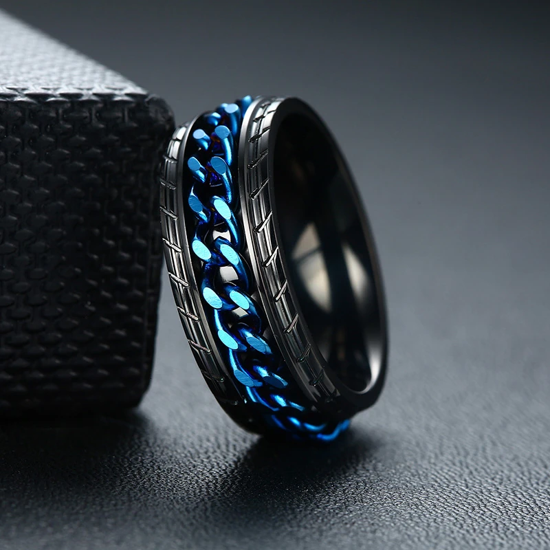 Vnox, 8 мм, стильная синяя прядильная цепь, кольца для мужчин, текстура шин, нержавеющая сталь, поворотные звенья, панк, Мужская тревога, подарки