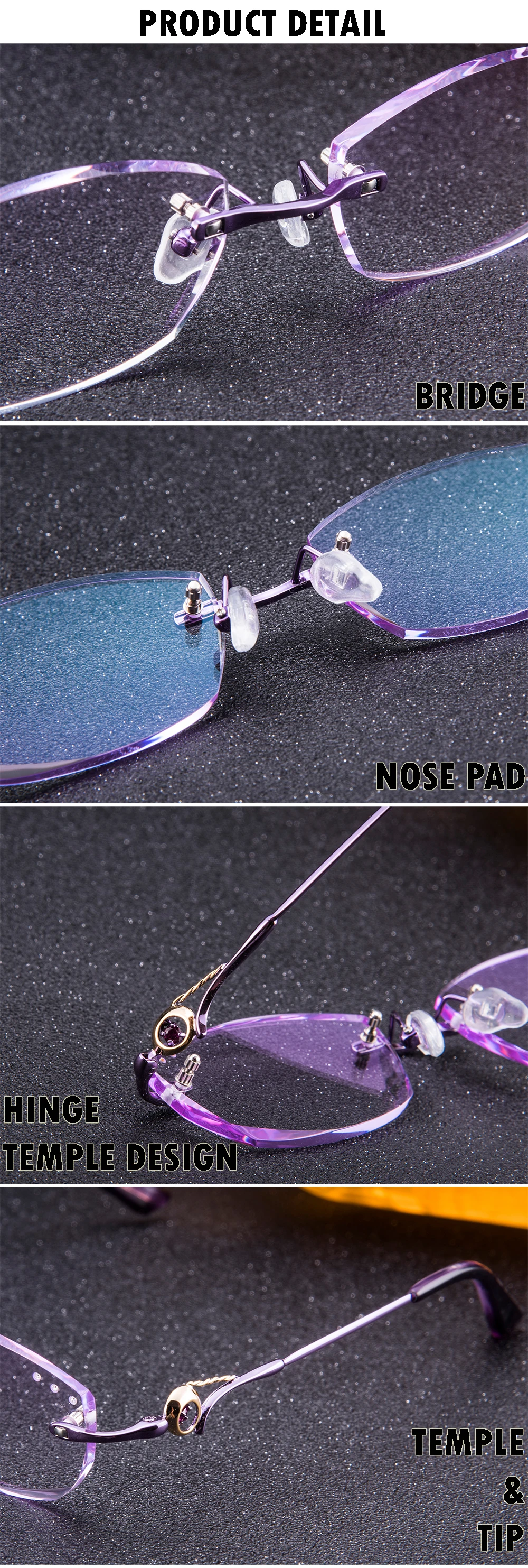 Close-up view of diamond detailing on Women's Diamond Rimless Titanium Frame Eyeglasses 8007