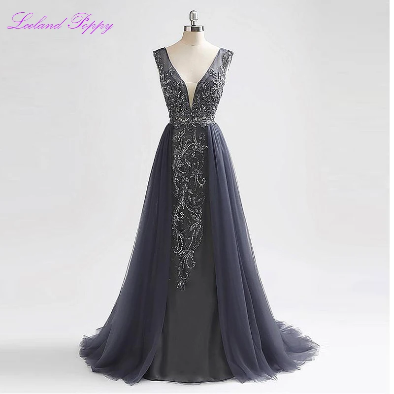 Sleeveless Grey Женские вечерние платья трапециевидной формы с длинным рукавом, платье с v-образным вырезом, иллюзионное сзади, украшенное кристаллами, длина до пола, вечерние платья для выпускного вечера - Цвет: Sleeveless Grey