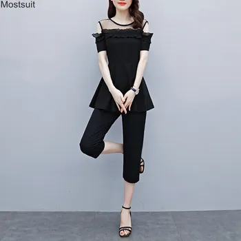 

Summer 5xl Two Piece Set For Women Plus Size Mesh Patchwork Shoulder Open Tunic Tops + Pants Suits Korean Female Outfits 2020
