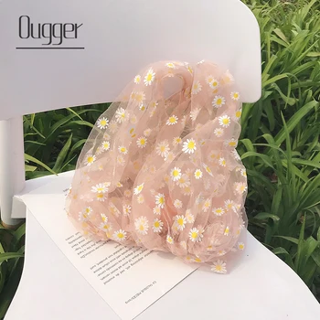 

Ougger Summer Women Small Transparent Tote Mesh Cloth Bag Daisy Embroidery Handbag High Quality Eco Fruit Bag Purse For Girls