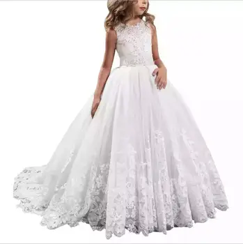 

2019 New Summer Lace Flower Girl Dresses White Long Tail Princess Ball Gown Wedding Dress Girls Kids 3-14 Years