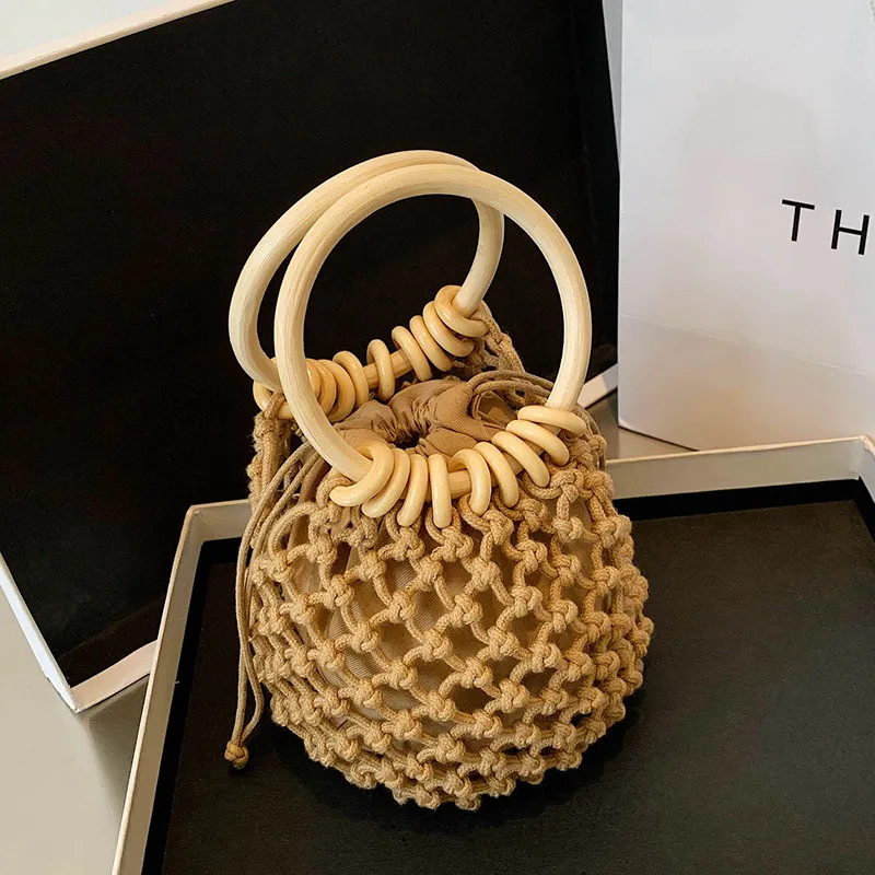 Ladies Handbag Casual Retro Woven Wooden Handle with Inner Cloth Drawstring Bucket Bag Vacation Beach Style