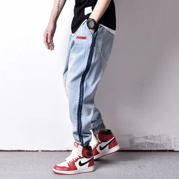 

Fashion Streetwear Men Jeans Loose Fit Blue Stripe Spliced Designer Denim Cargo Pants Wide Leg Trouser Hip Hop Jeans Men Joggers