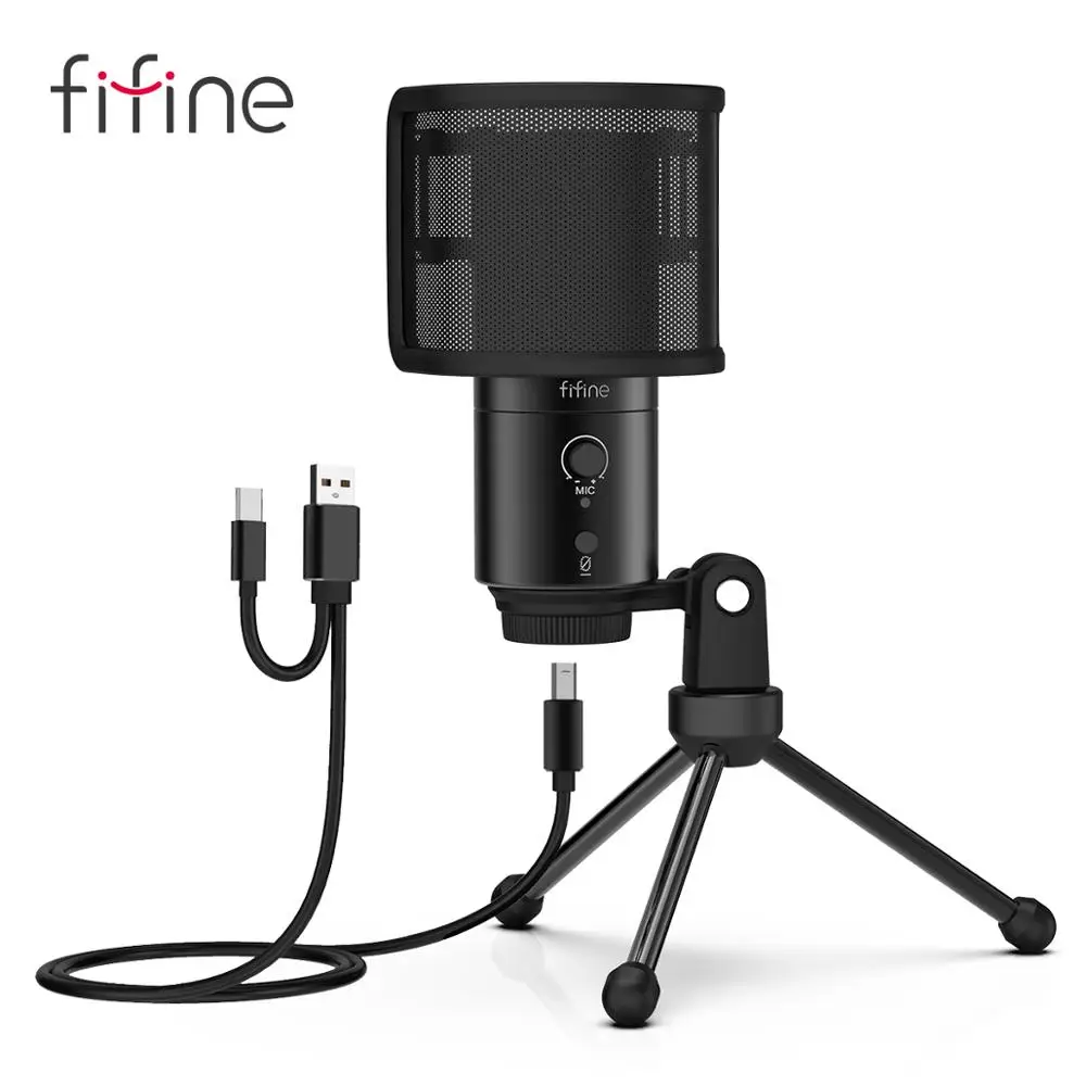 FIFINE USB & Type C микрофон с ветровым стеклом бесшумная кнопка конденсаторный для
