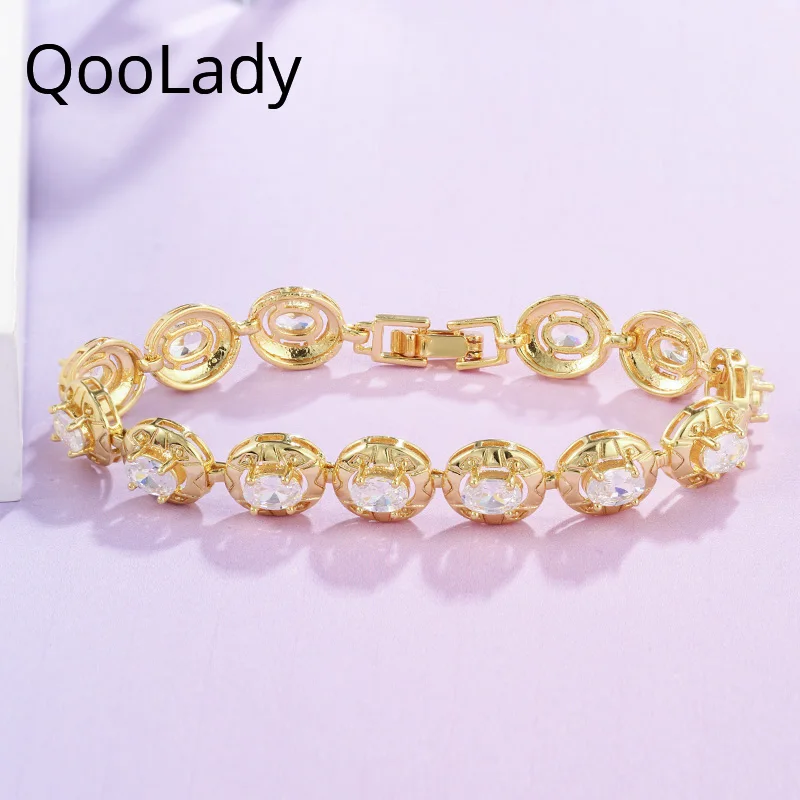 

QooLady Luxury Yellow Gold Color Round Charm Cubic Zirconia Tennis Bracelet for Wedding Jewelry Accessories S007