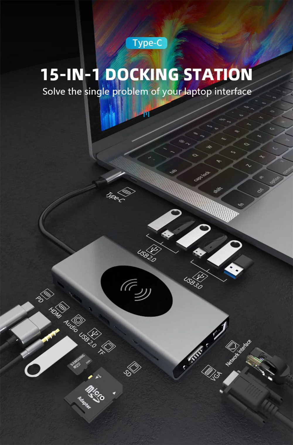 15 In 1 Docking Station USB HUB, Wireless Charging