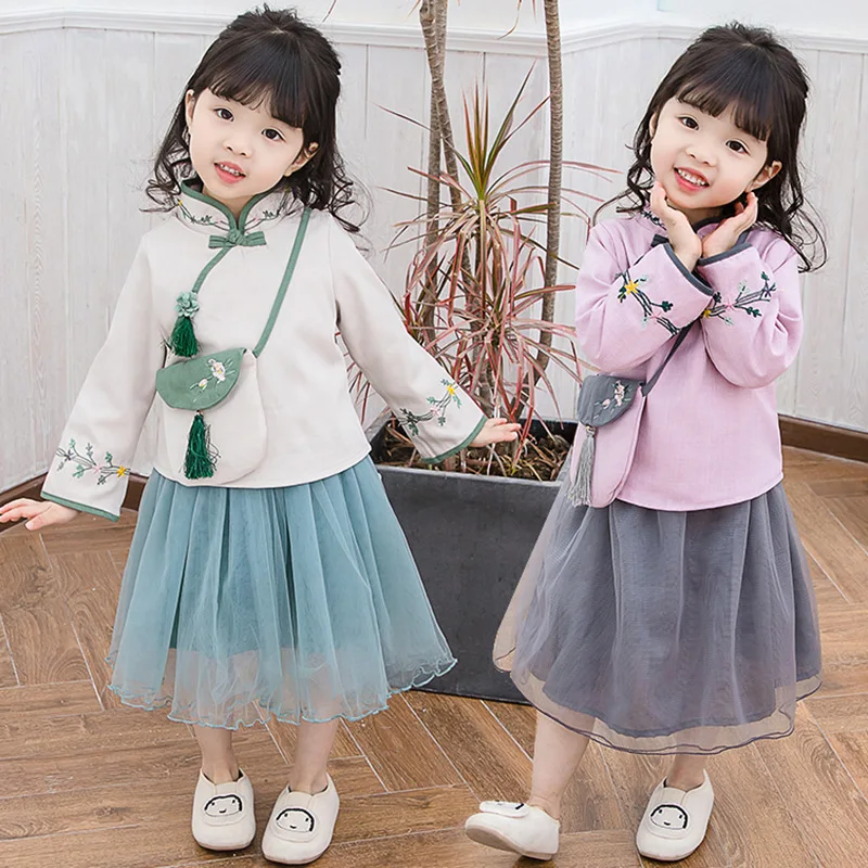 

2019 New Style Ethnic-Style CHILDREN'S Suit Girls Spring Clothing Mesh Dress Case Children CHILDREN'S Rucksack Embroidered Two C