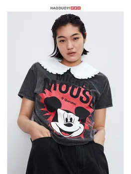 

VomVoa Mouse Cartoon Printed Short Sleeve Sweet Fold-down Collar Pullover Pure Cotton Casual Loose-Fit Women's T-shirt