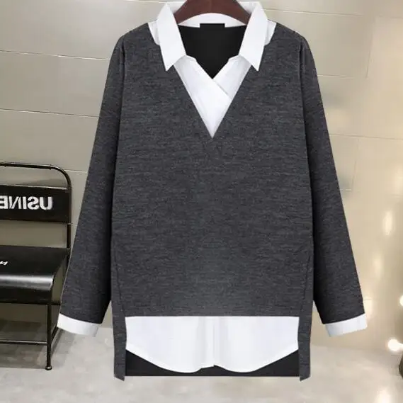 Blusas Mujer новинка 2020 Осень зима женская Свободная блуза имитация двух частей