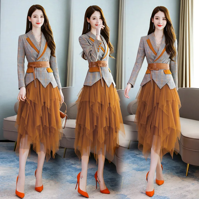 DEAT, осень и зима, новые продукты, модный тонкий клетчатый маленький костюм с длинными рукавами, сетчатая юбка с высокой талией, комплект из двух предметов PB194
