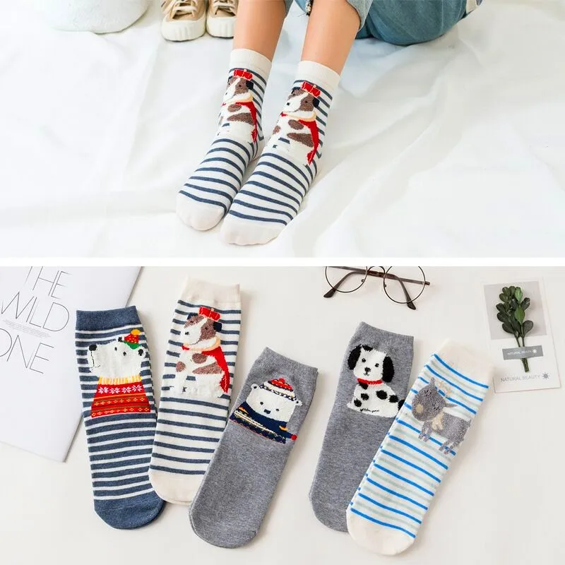 5 пар,, женские хлопковые носки Kawaii, белые, красные носки с принтом в форме сердца, короткие носки, повседневные носки с ушками животных и красным сердцем для девочек