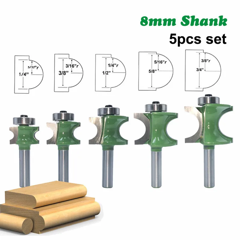 

5PCS 8mm Shank Milling Cutter Woodwork Bullnose Half Round Bit Endmill Router Bits Wood 2 Flute Bearing Woodworking Tool MC02046