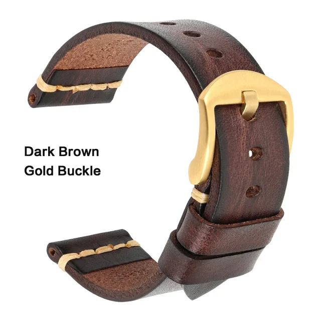 Maikes Genuine Leather Watchband for Galaxy Watch Strap 18mm 20mm 22mm 24mm Watch Band Tissote Timex Omega Wrist Bracelets Dark Brown-Gold