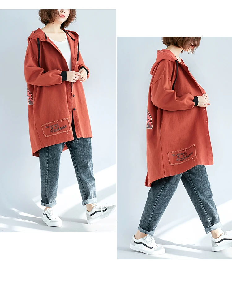 Kawaii женские джинсовые пальто с капюшоном и принтом из мультфильма, большие размеры, Осень-зима, корейское длинное пальто, винтажное Женское пальто, 4XL 5XL 6XL