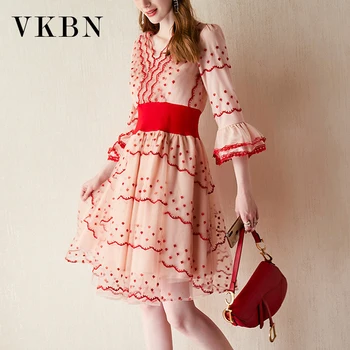 

WQJGR 2020 Summer Dress Woman V-Neck Cascading Ruffle Waist Elasticity Knee-Length Flare Sleeve Dress Elegant Fashion