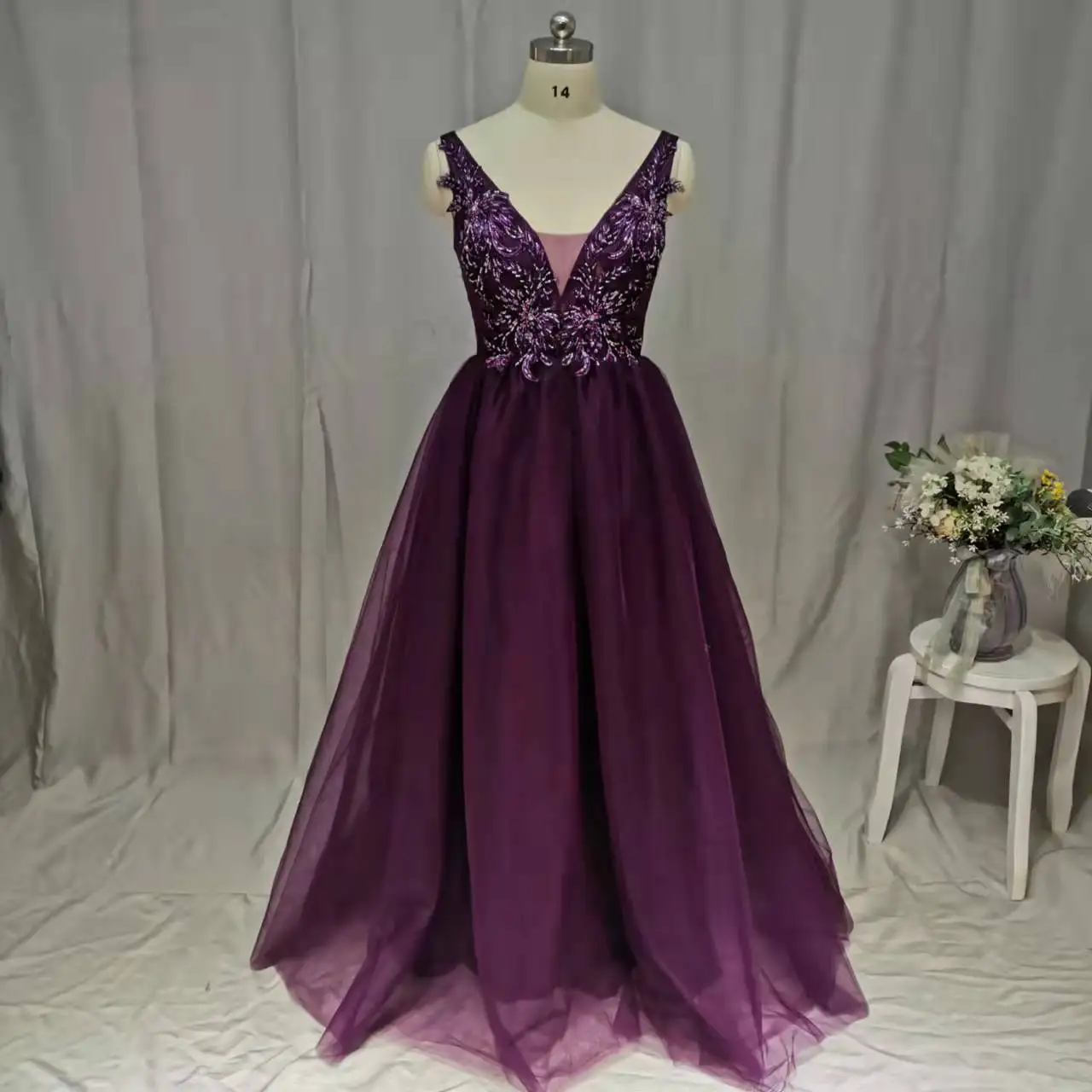 Beaded Prom Dresses Plus Size Purple V Neck Tulle Sleeveless Evening Gown Customer Made A-line Lace Up Backless Vestido De plus size prom & dance dresses