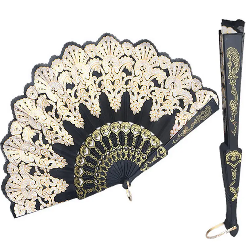 Vacclo Folding Hand Held Fan Flower Lace Black Wedding Dance Party Silk Fans Luxury Fashion Hot Stamping Fan Spanish Style folding fan,hand fan,silk fans
