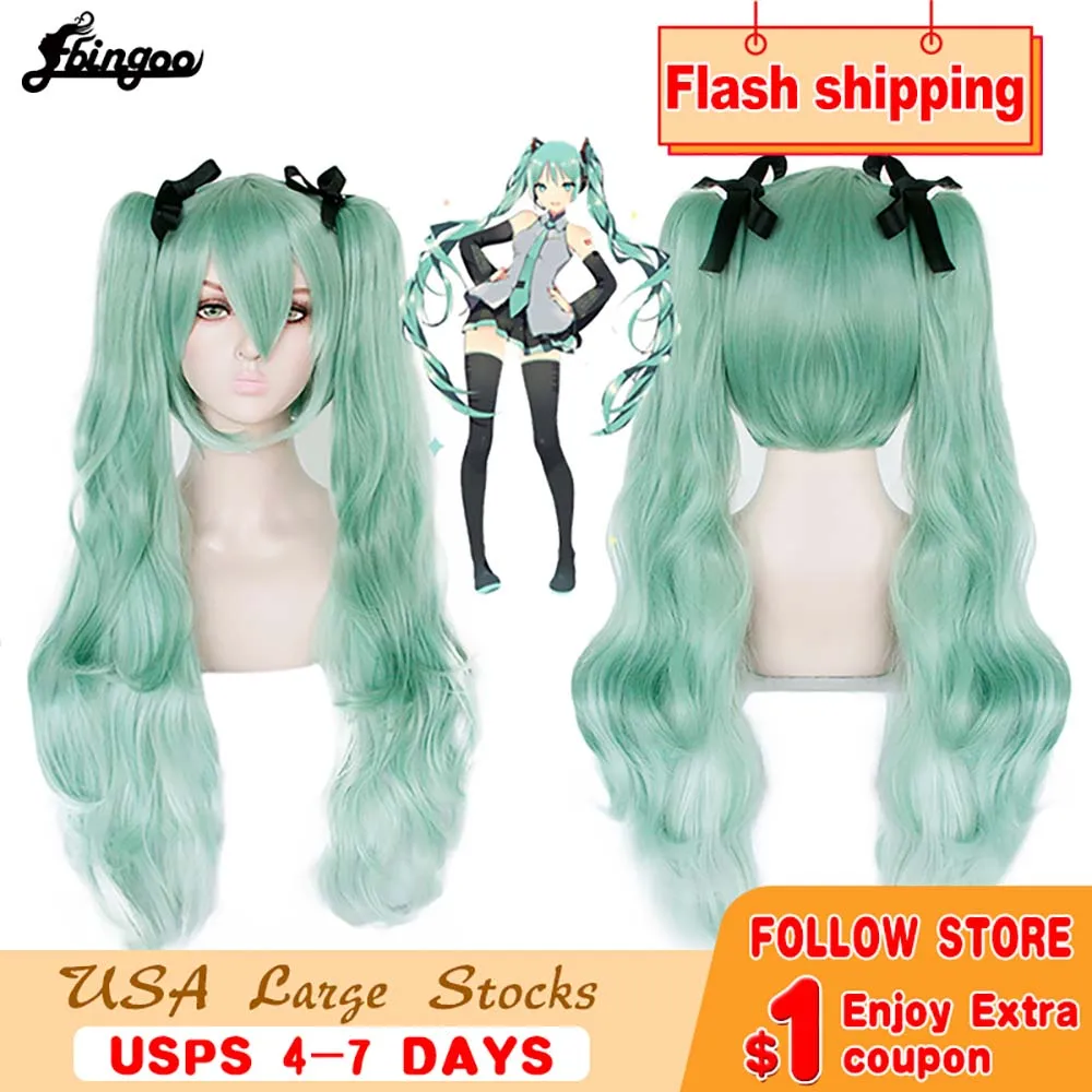 

Ebingoo Vocaloid Miku Natural Long Body Wave Green Double Ponytails Synthetic Cosplay Wigs for Women Halloween Costume Party
