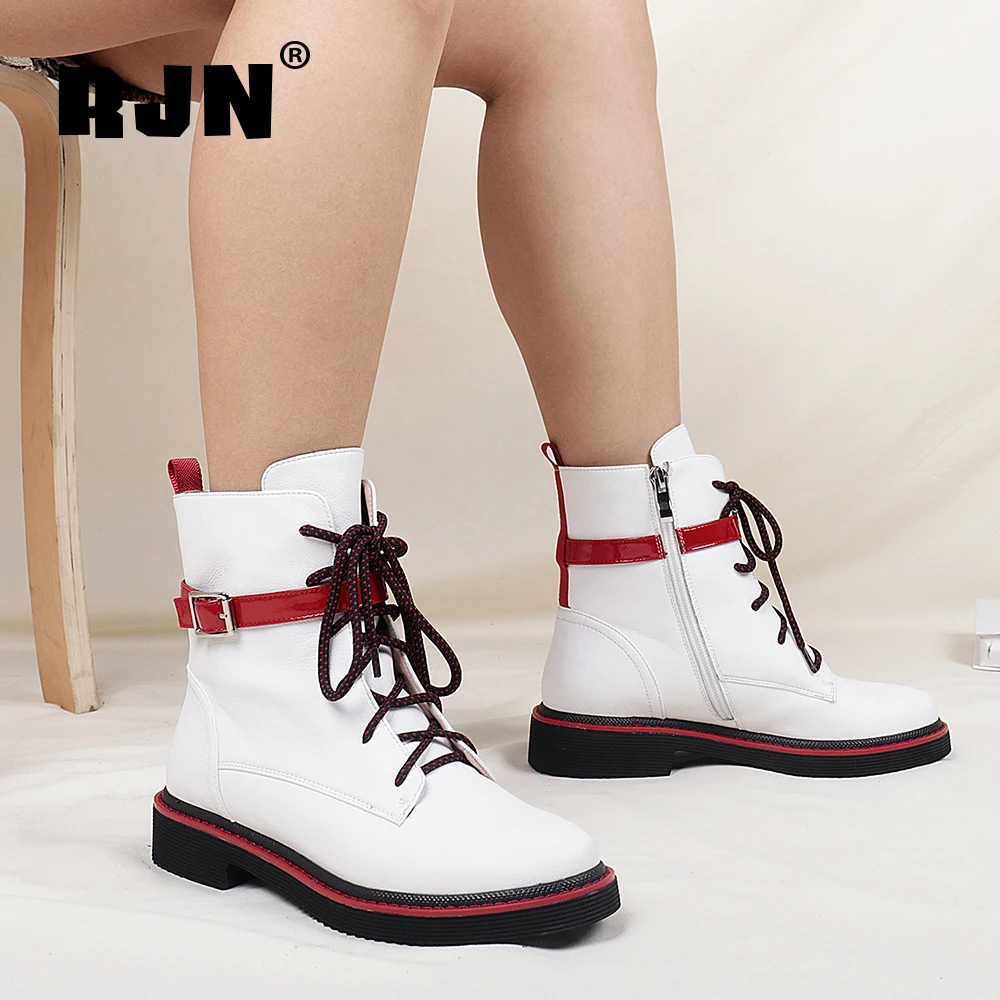 

RJN Women's Fashion Ankle Boots White Lace Up Buckle Decoration 2020 Autumn Winter Women Shoes High Quality Classic Bootie RC795