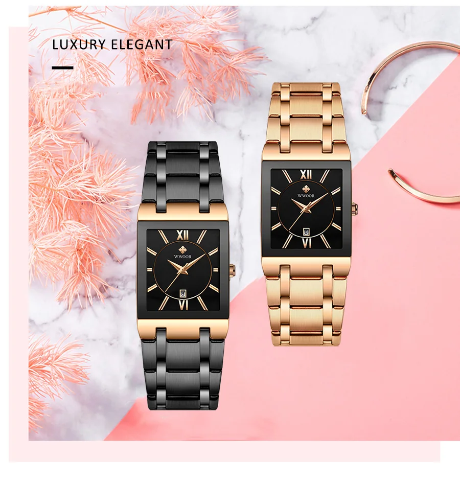 WWOOR New Design Women Bracelet Watches Top Brand Luxury Gold Square Quartz Watch Ladies Dress Waterproof Wrist Watch Gift Clock