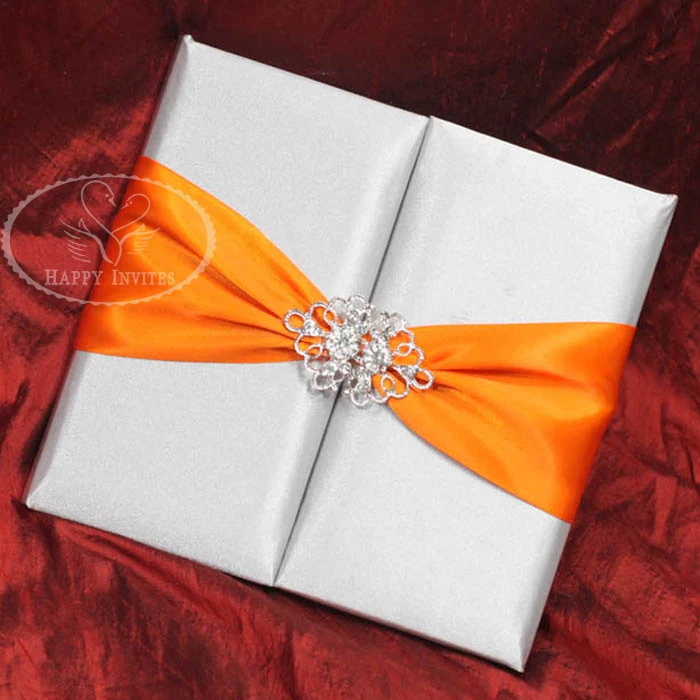 HI2003-117 White Silk  Invitation with Orange Ribbon and Silver Brooch Made in China More Colors Available