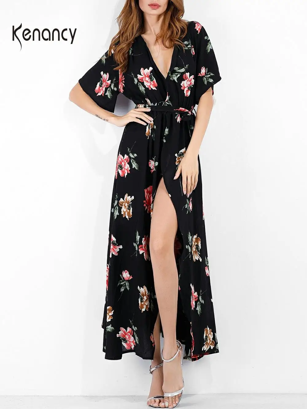 Kenancy женское платье в стиле бохо Летнее Длинное с цветочным принтом V-образным