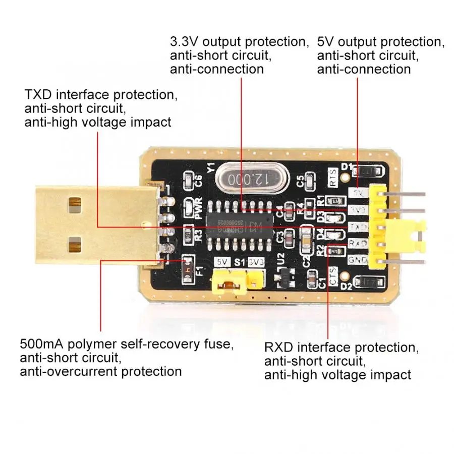 Серийный адаптер модуль Pince Серийный адаптер модуль Золотой USB к ttl конвертер CH340G UART с мощностью света 3,3 В/5 В