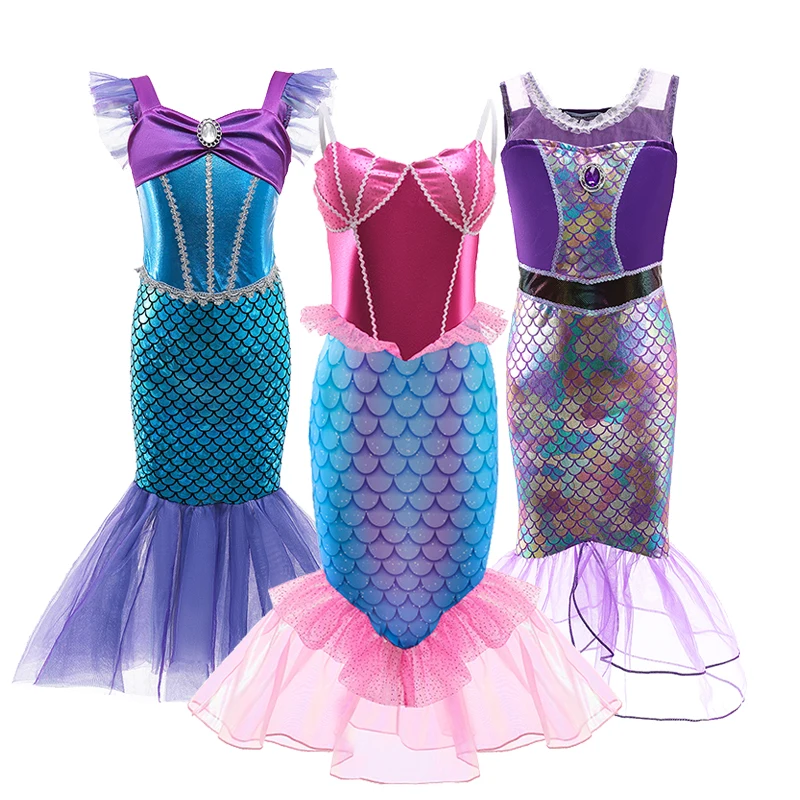 Girl Princess Little Mermaid Dress Kids Halloween Fancy Costume Birthday Party Girl Dress Up Sets Children Clothing With Wig girls dress princess costume kids clothes