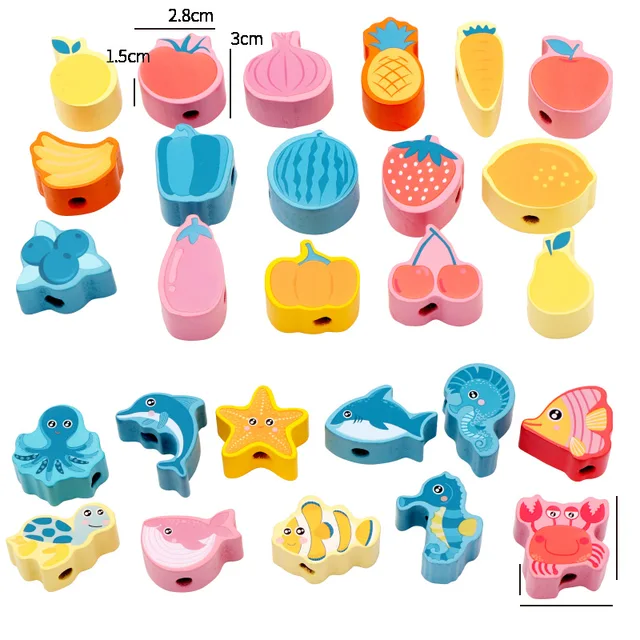 Colorful Wooden Beads Sets send Rope Education Cognition Animal/Traffic/Fruit/Digital/Letter/Threading Beads Kids DIY Toys 3