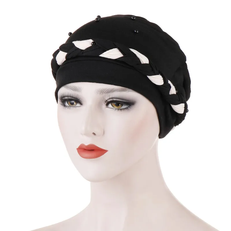 Bandanas Women Bead Braid Cotton Turban Hat Scarf Cancer Chemo Beanies Caps Hijab Headwear Head Wrap Plated Hair Loss Cover - Цвет: Черный