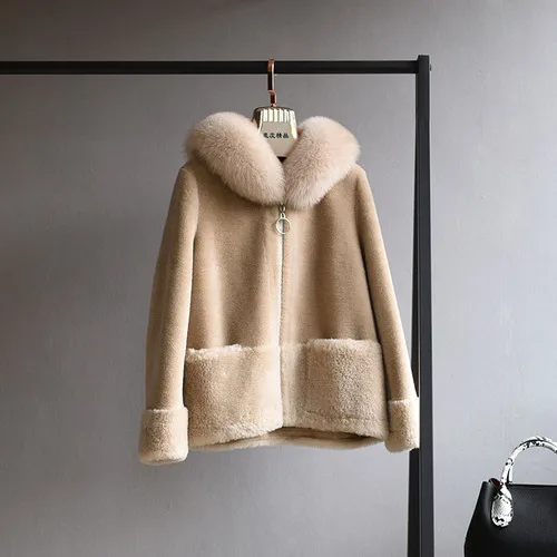 dark beige OFTBUY пальто с натуральным мехом, зимняя женская куртка, Воротник из натурального Лисьего меха, капюшон, шерсть, тканая верхняя одежда, плюшевый флис - Цвет: dark beige