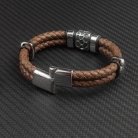 MingAo Punk316l Stainless Steel Irregularly Cracked Bead Bracelet Genuine Braided Leather Male Bracelets & Bangles Men’s Jewelry